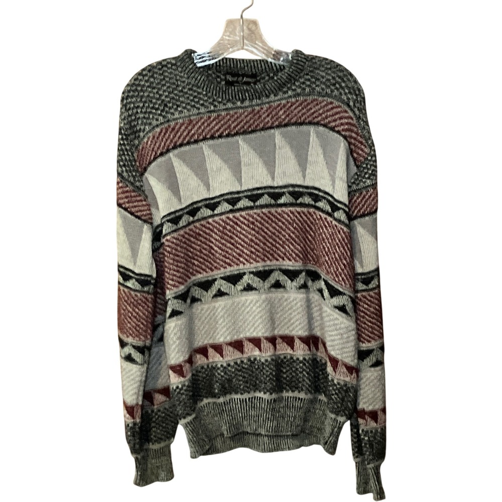 Reed St. James Sweater Mens Medium Grey Burgundy Vintage Geometric USA